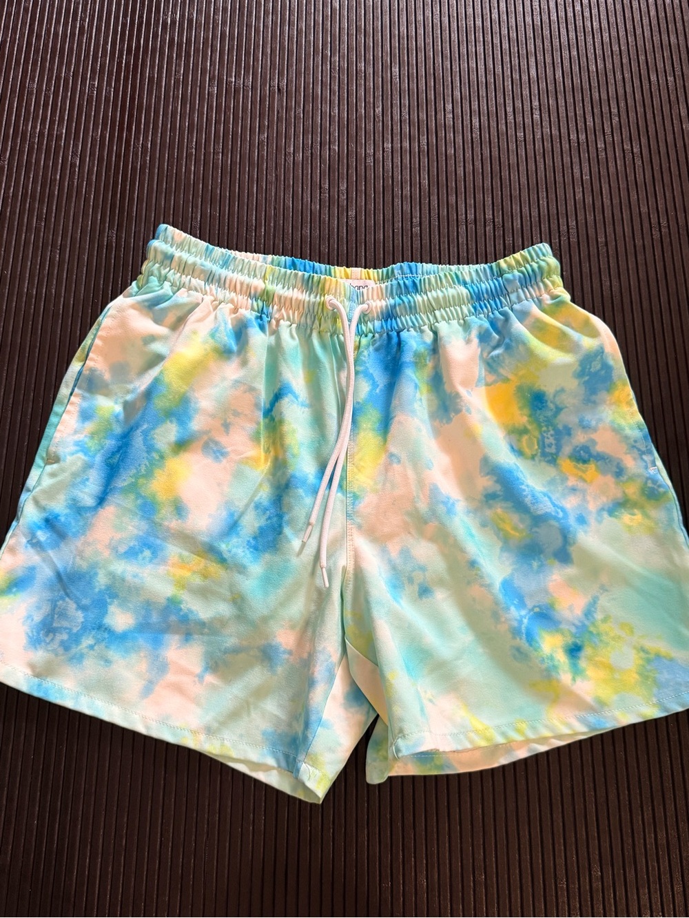 crown & ivy Pastel Tie-Dye Swim Trunks in Blue, Yellow, White
